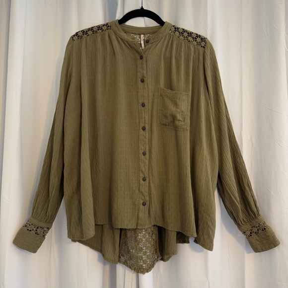Free People Tops - Free People Crochet Lace Button Front Blouse Olive Green Oversized Women’s XS
